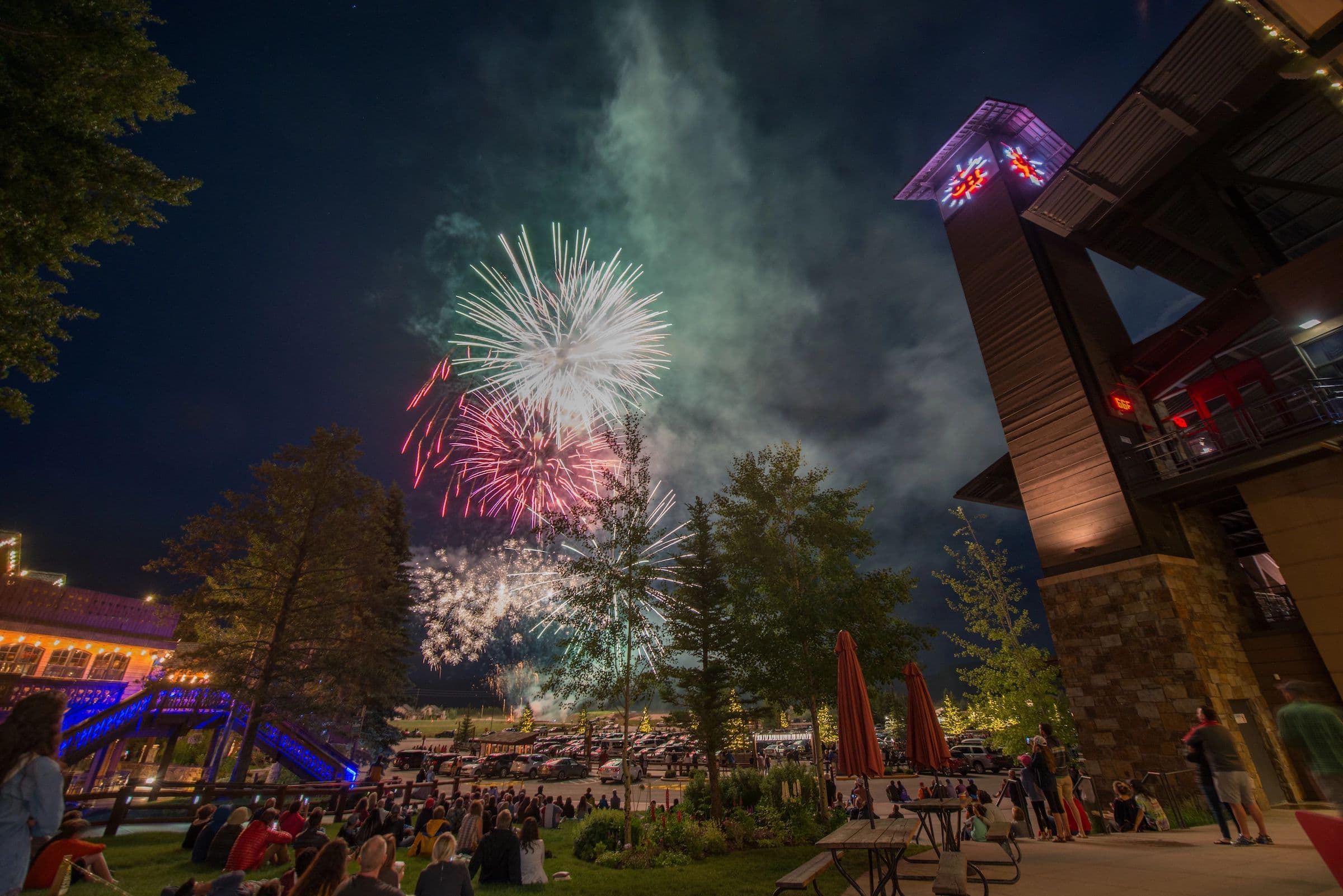 Fireworks in the town of Jackson Hole outside of Hotel Terra