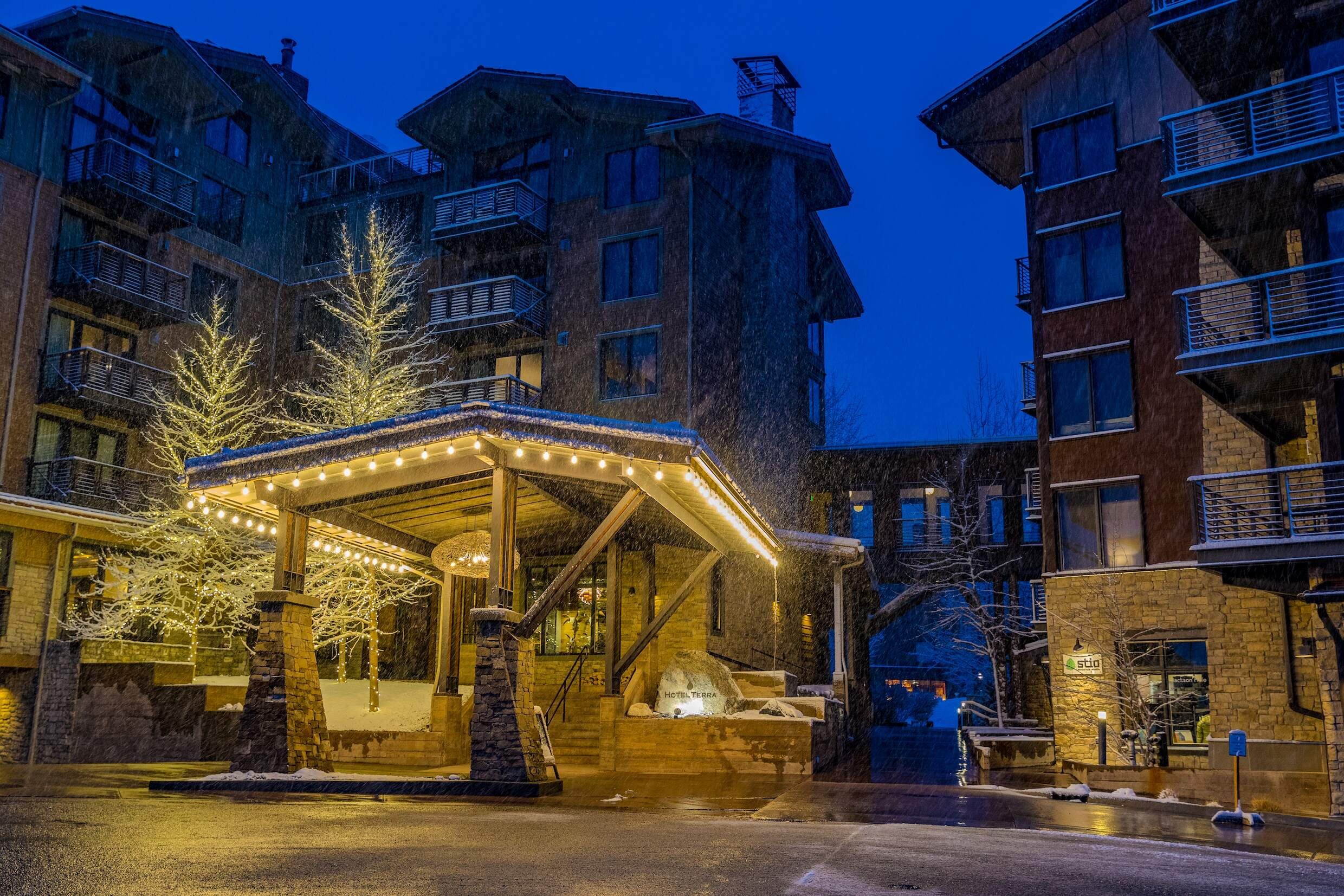 Front hotel entrance at Hotel Terra at Jackson Hole Mountain Resort in Wyoming.