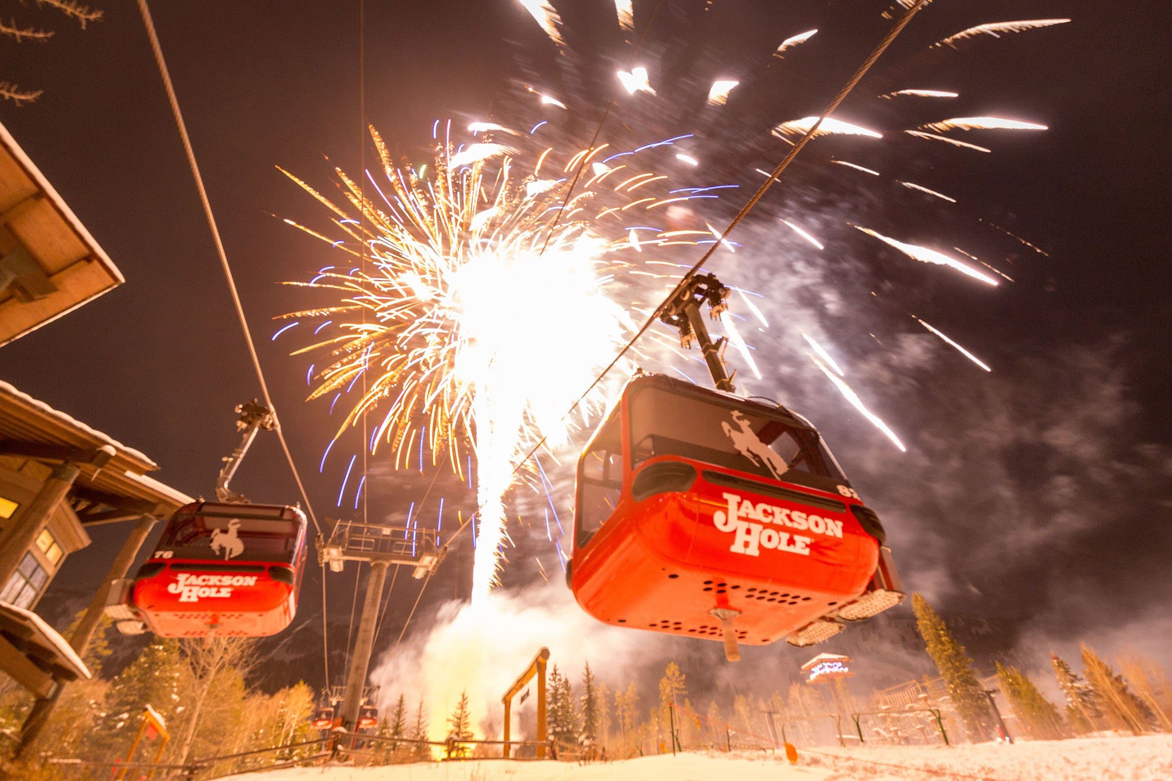 Fireworks light the night behind the Bridger gondolas in Jackson Hole.