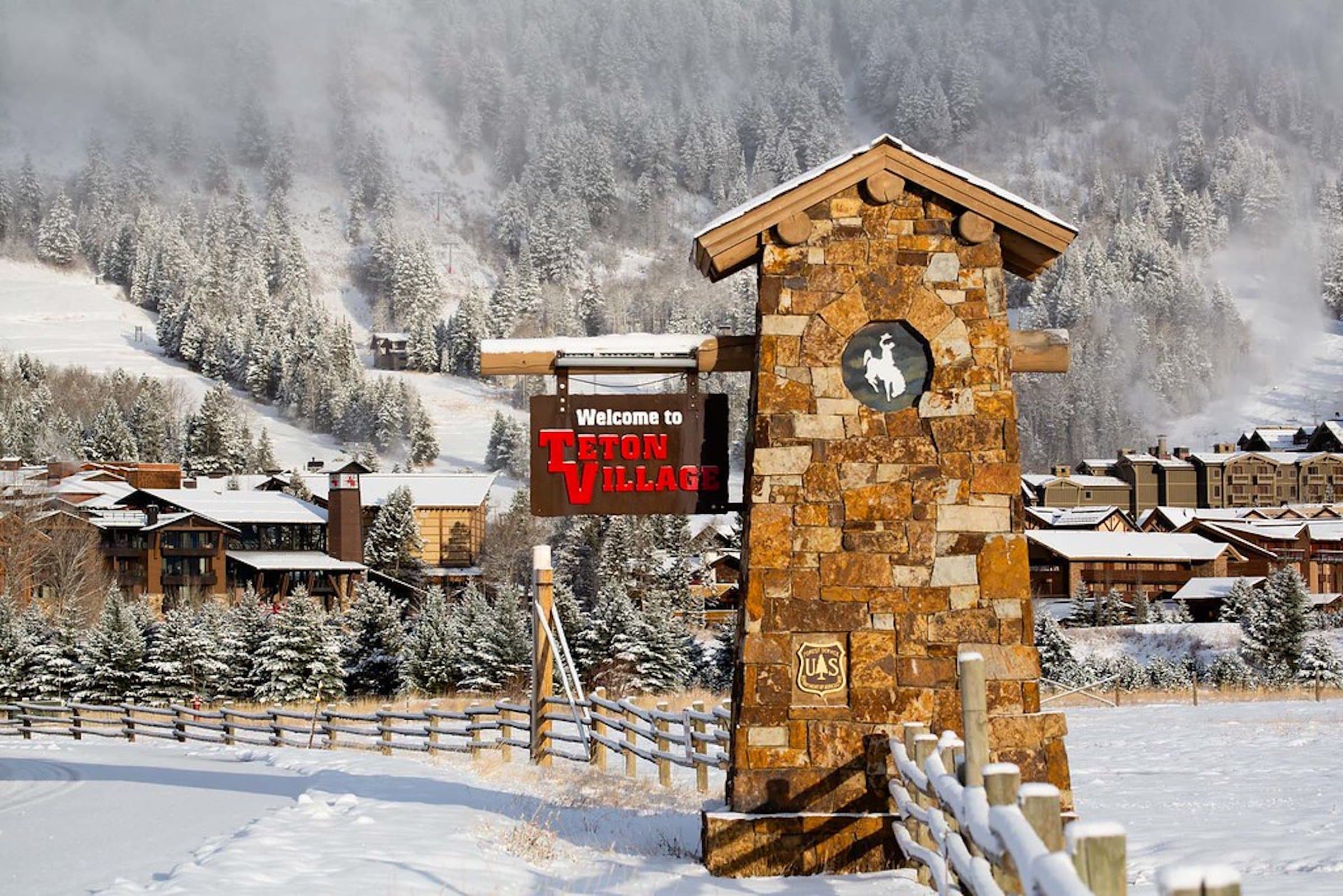 Welcome to Teton Village sign in Jackson Hole Wyoming in Winter.