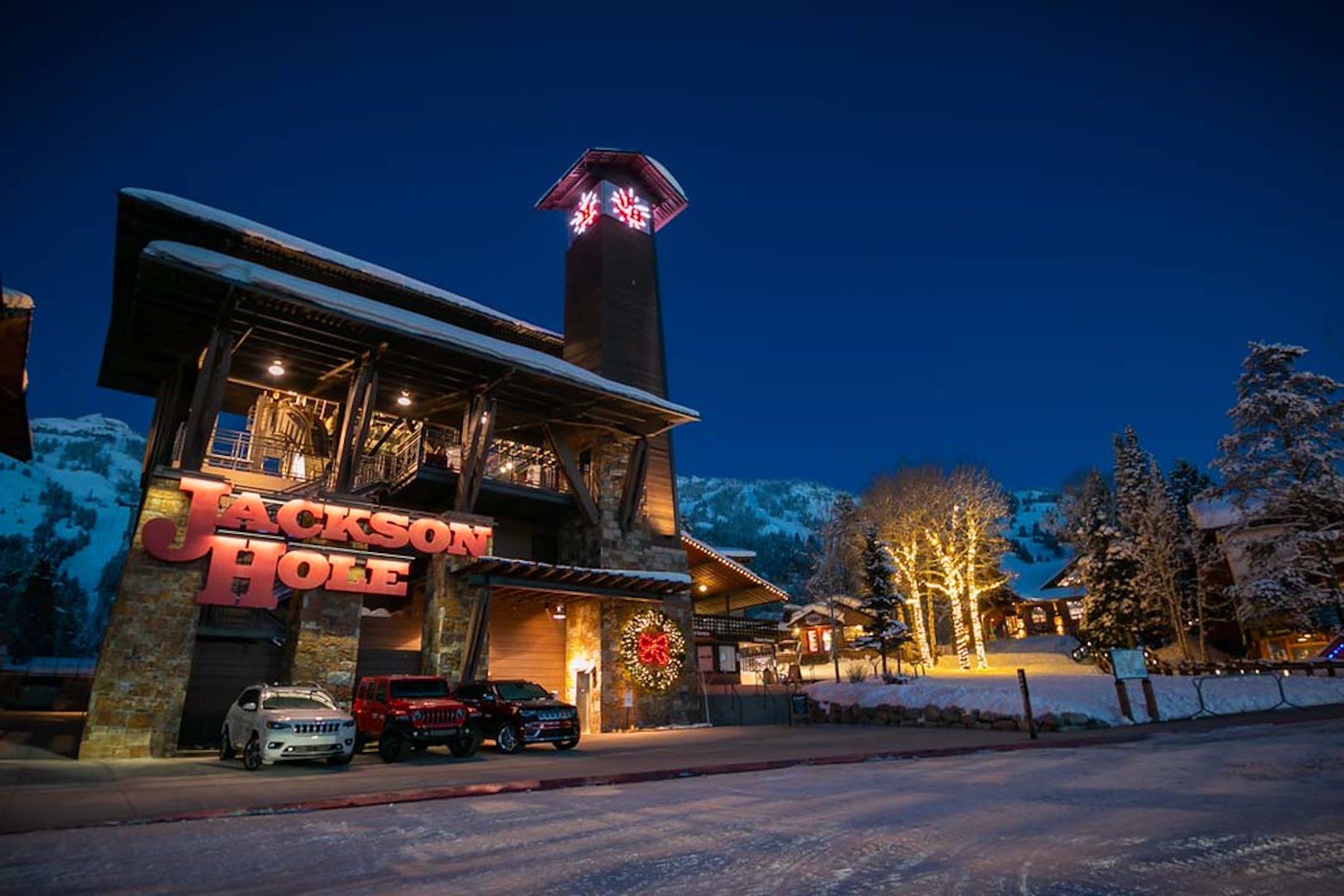 The Jackson Hole tower decorated for the holiday season in Winter in Teton VIllage, Wyoming.