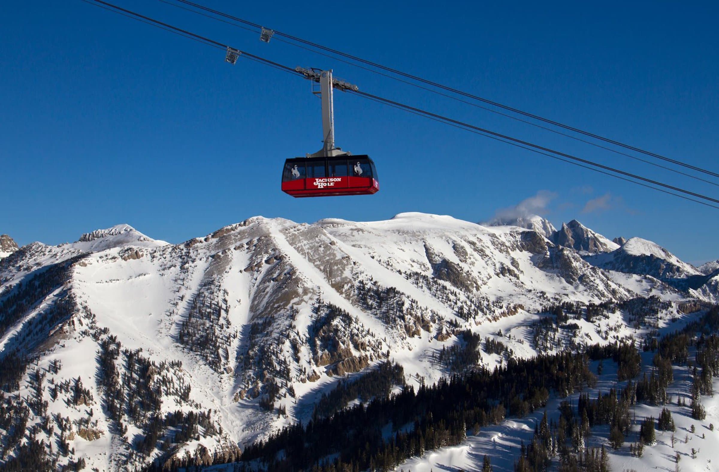A lone gondola heading up the mountain in Jackson Hole, Wyoming.