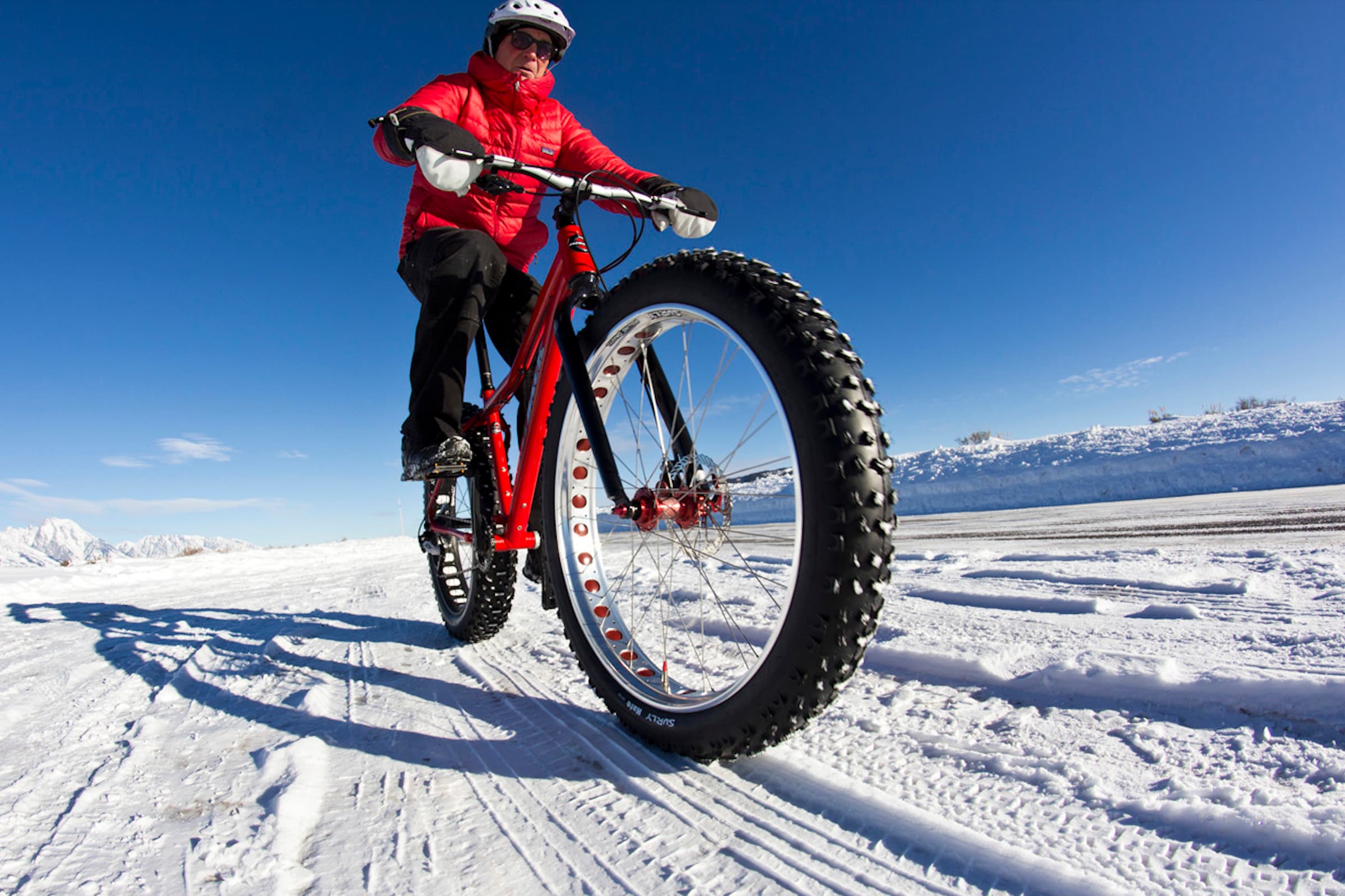A man winter fat biking in Jackson Hole, Wyoming.