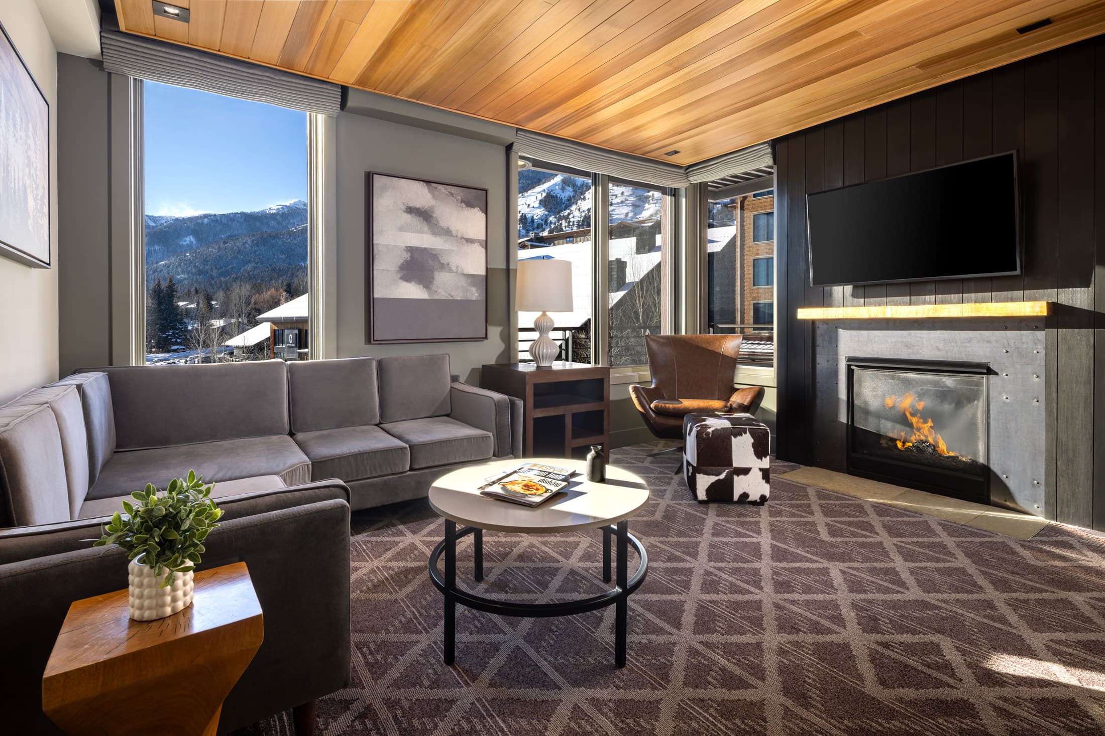 Living Room with fire place and exterior view