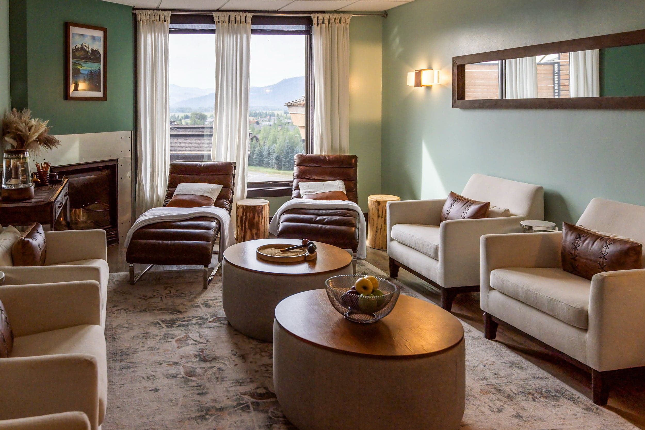Spa relaxation lounge with mountain views at Hotel Terra Jackson Hole