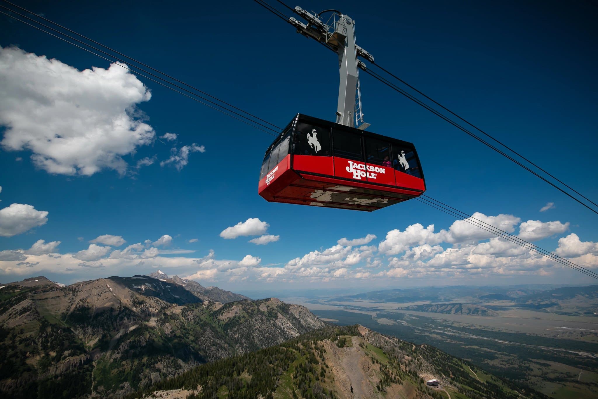 An aerial view of the tram going up the mountain at Jackson Hole Mountain Resort in Summer.