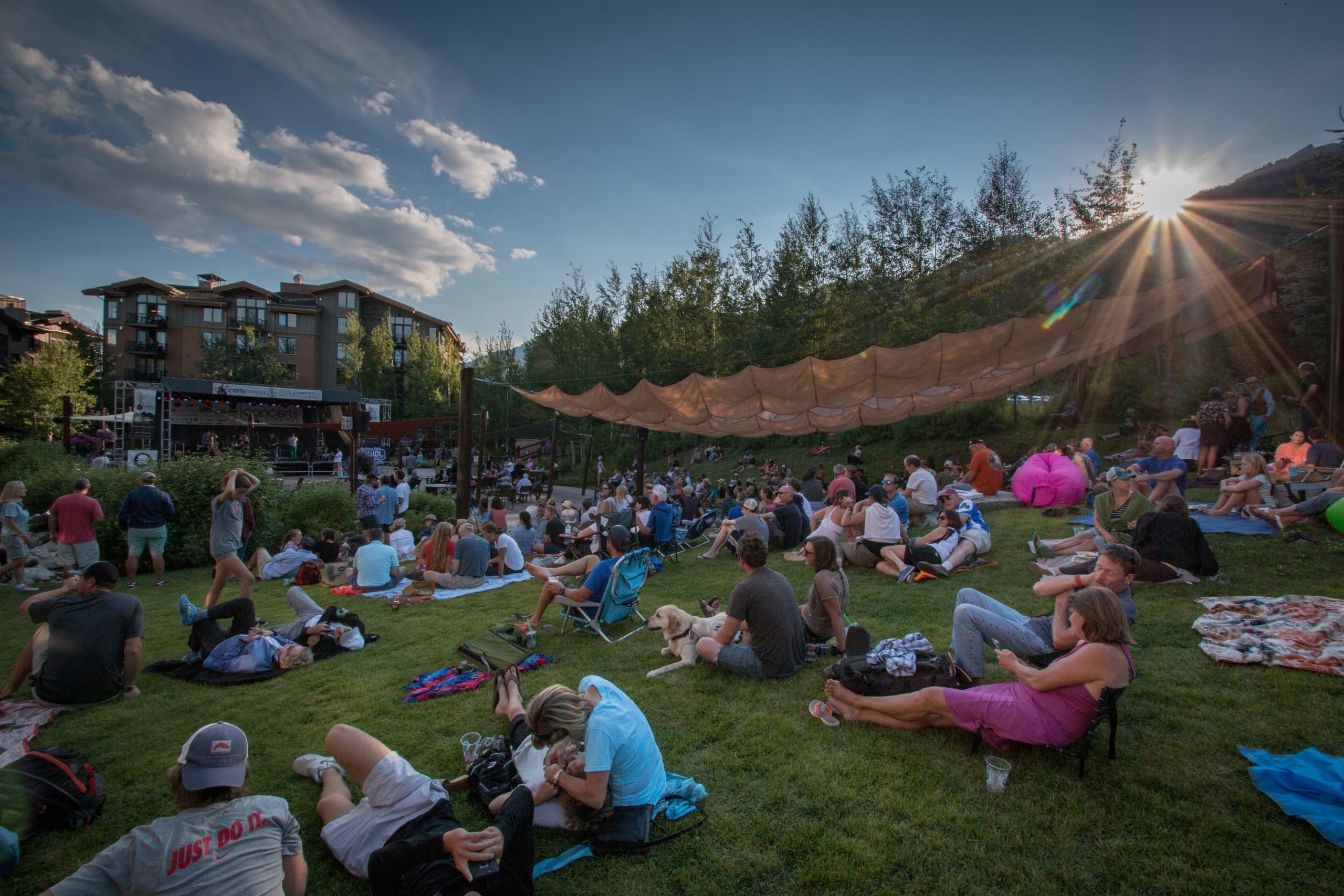A shot of a summer concert at the commons in Teton Village.