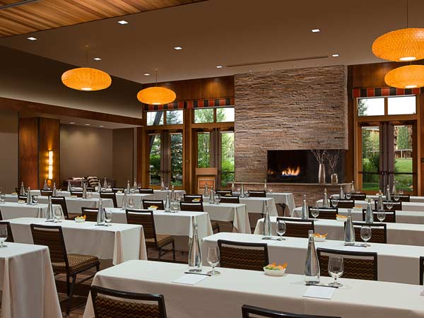 Meeting room with a fireplace.
