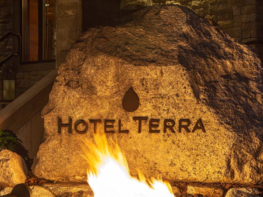 Hotel Terra sign on rock