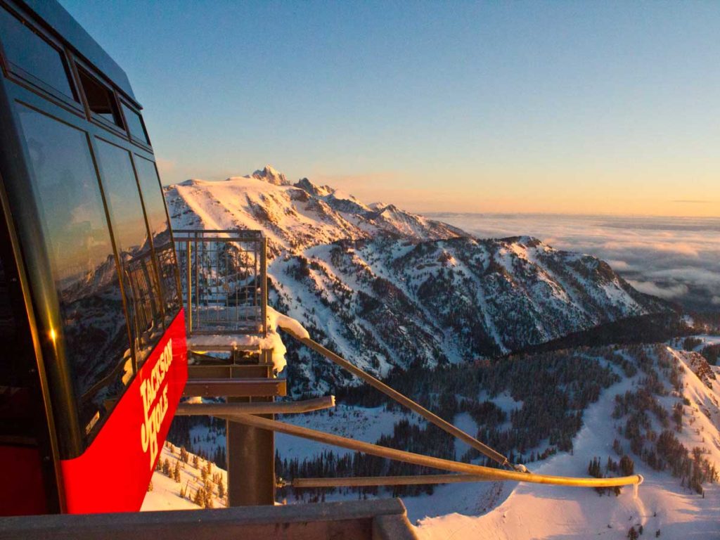 Jackson Hole Tram In The Snow At Sunset.